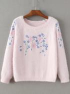 Romwe Pink Floral Embroidery Mohair Sweater