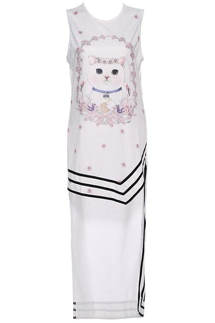Romwe Floral Cute Cat Print Asymmetric Dress
