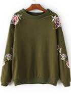 Romwe Army Green Floral Embroidery Crew Neck Sweatshirt