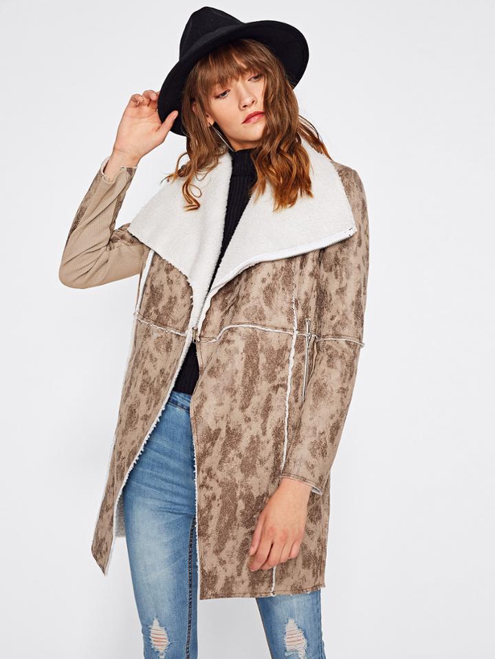 Romwe Drape Collar Zip Pocket Faux Shearling Coat