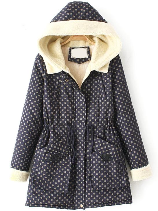 Romwe Hooded Drawstring Stars Print Navy Coat