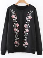 Romwe Black Flower Embroidery Sweatshirt