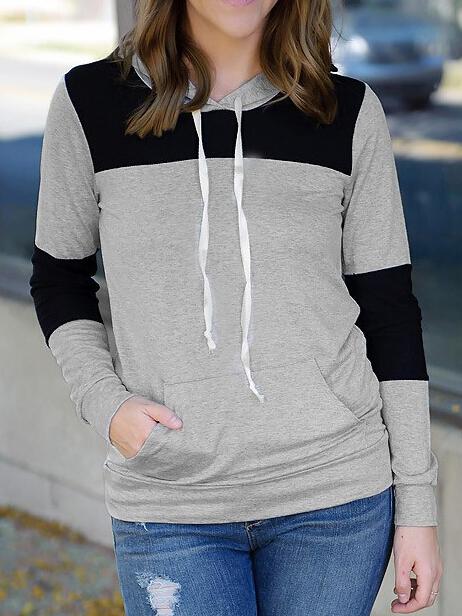 Romwe Women Hooded Drawstring Color-block Sweatshirt