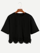 Romwe Black Flower Crochet Applique T-shirt
