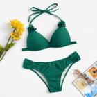 Romwe Crystal Decorated Ruched Top With Low Rise Bikini