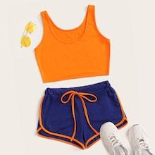 Romwe Tank Top With Drawstring Binding Trim Shorts