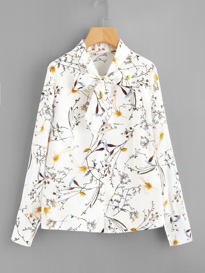 Romwe Floral Print Tie Neck Blouse