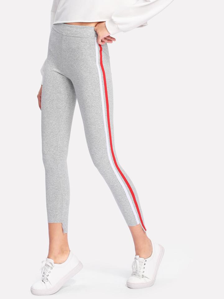 Romwe Contrast Striped Tape Side Crop Leggings
