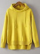 Romwe Yellow Ribbed Trim Drawstring Hooded Dip Hem Sweater