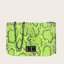 Romwe Neon Lime Snake Print Twist Lock Chain Bag