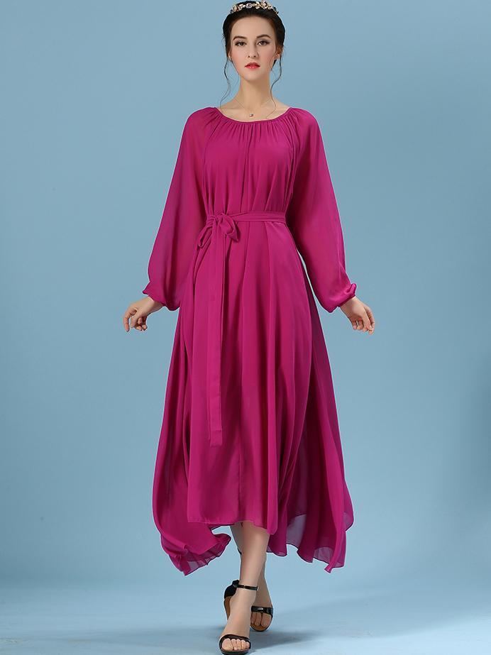 Romwe Rose Red Long Sleeve Self-tie Chiffon Pleated Dress