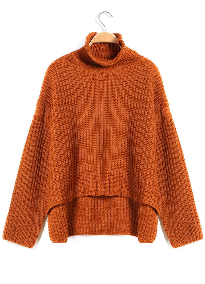 Romwe High Neck Dipped Hem Knit Khaki Sweater