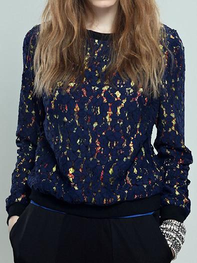 Romwe Round Neck Lace Hollow Sweatshirt