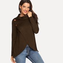Romwe Button Decoration Tulip Hem Sweater