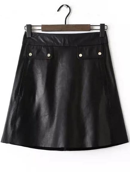 Romwe Zipper With Pockets Pu A-line Skirt