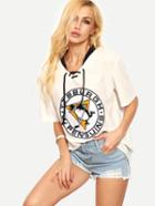 Romwe Lace-up Emblem Print T-shirt - White