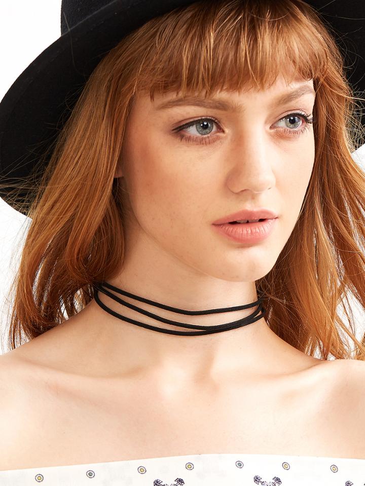 Romwe Black Layered Simple Cord Choker Necklace