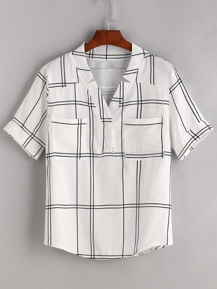 Romwe White Grid Print V Neck Dual Pocket Blouse