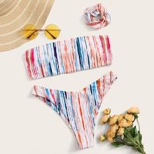 Romwe Bandeau With High Cut Bikini Set With Hair Tie