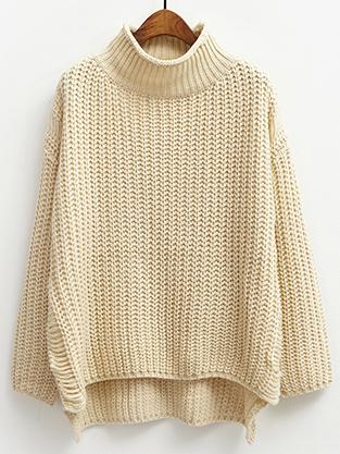 Romwe Turtleneck Dip Hem Split Side Apricot Sweater