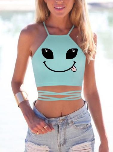Romwe Cartoon Print Lace-up Sky Blue Crop Top