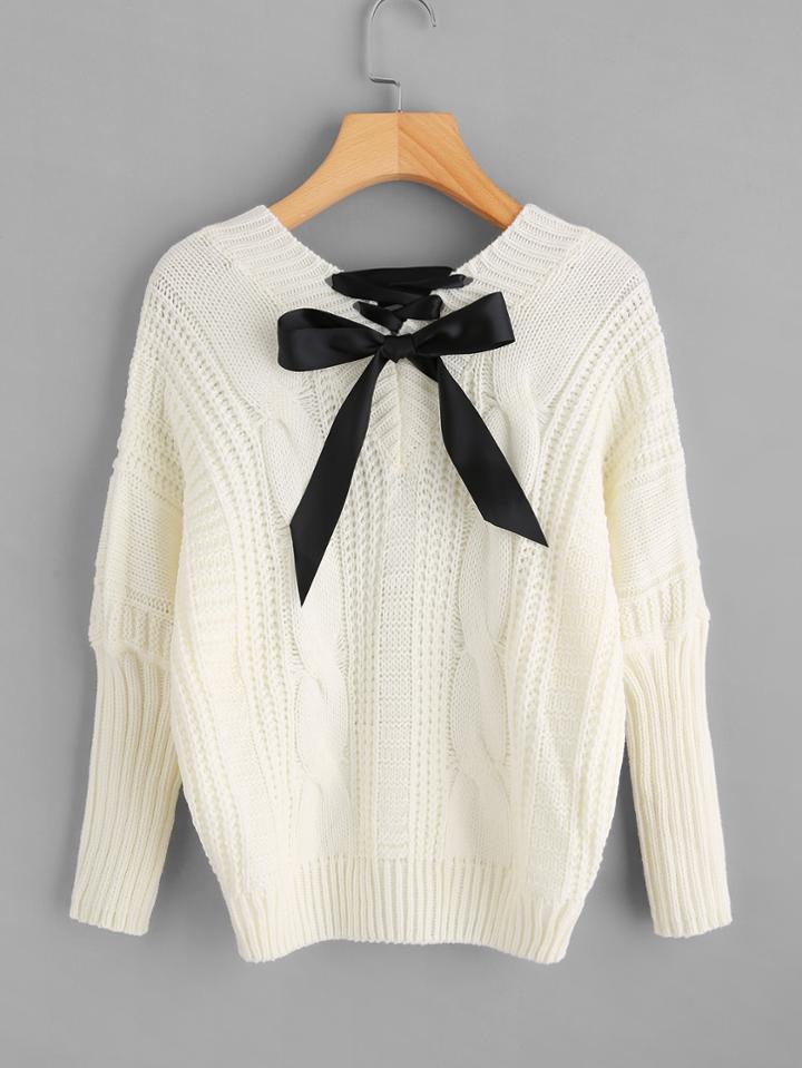 Romwe Lace Up Back Cable Knit Sweater