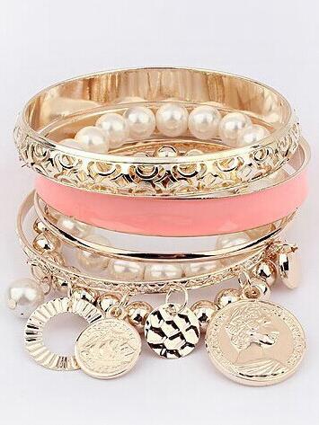 Romwe Pink Pearl Coin Bangles