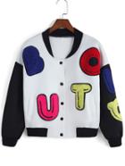 Romwe Contrast Sleeve Flocked Patch White Jacket