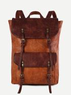 Romwe Brown Faux Leather Buckle Strap Flap Pocket Backpack