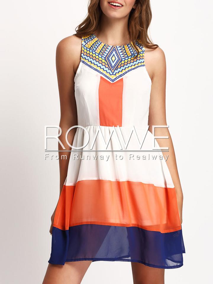 Romwe Color Block Pleated Zipper Back Skater Dress