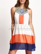 Romwe Color Block Pleated Zipper Back Skater Dress