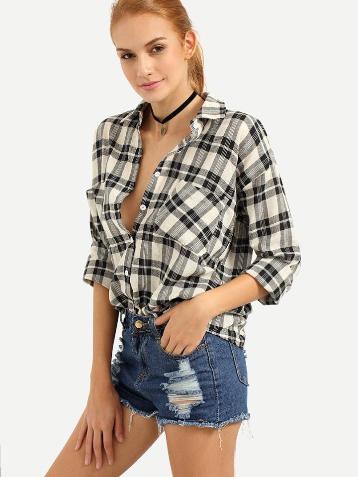 Romwe Black White Plaid Dual Pocket Blouse