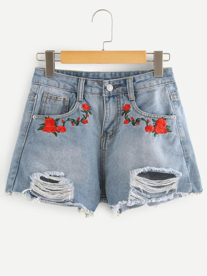 Romwe Floral Embroidered Ripped Denim Shorts