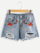 Romwe Floral Embroidered Ripped Denim Shorts