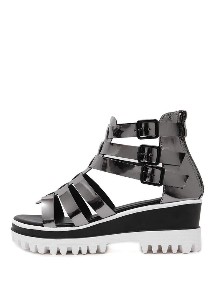 Romwe Gray Lug Sole Metallic Gladiator Wedges