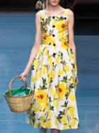 Romwe Yellow Spaghetti Strap Sleeveless Print Dress