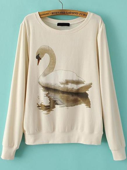 Romwe Swan Print Loose Beige Sweatshirt