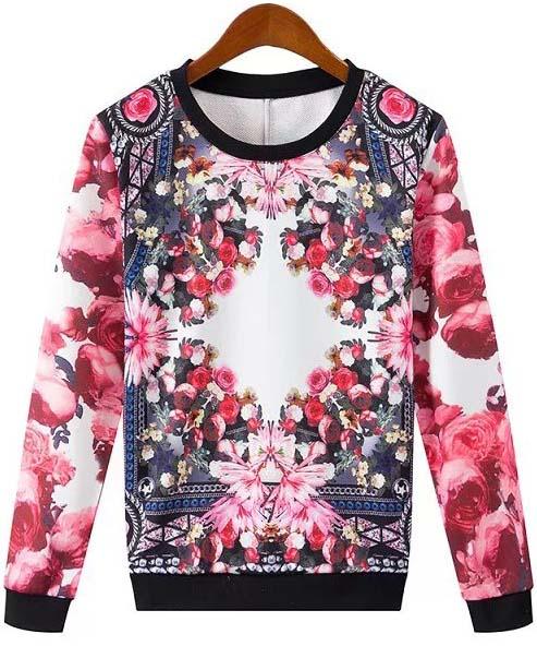 Romwe Rose Print Loose Sweatshirt