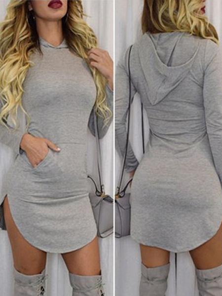 Romwe Grey Hooded Long Sleeve Slim Bodycon Dress