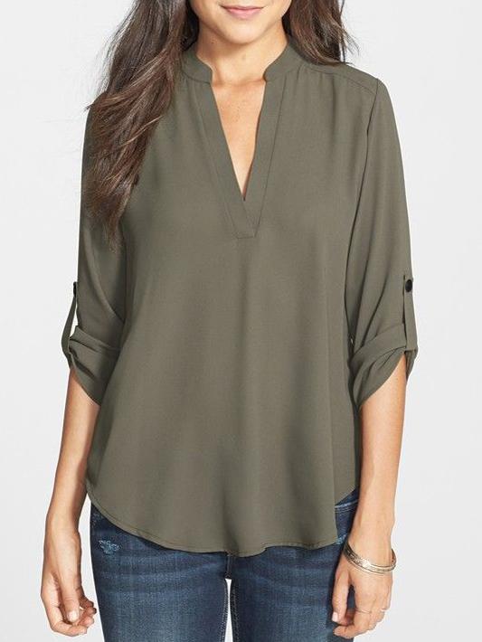 Romwe Green V-neck Long Sleeve Blouse