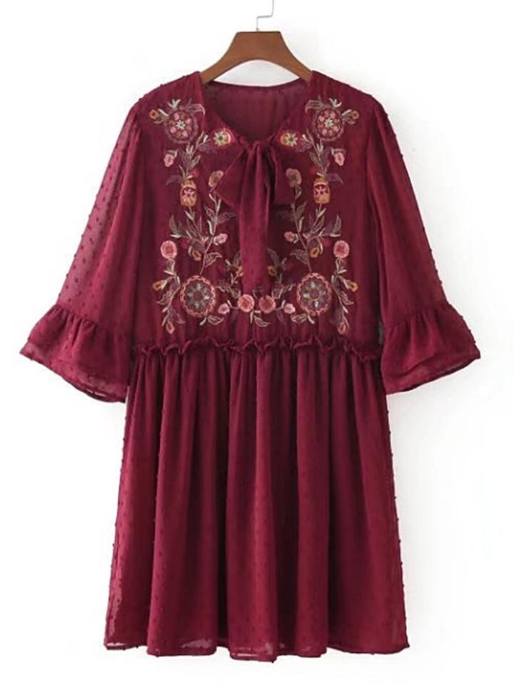 Romwe Embroidered Flower Textured Dot Smock Dress