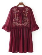 Romwe Embroidered Flower Textured Dot Smock Dress