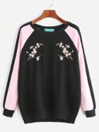 Romwe Black Contrast Raglan Sleeve Flower Embroidery Sweatshirt