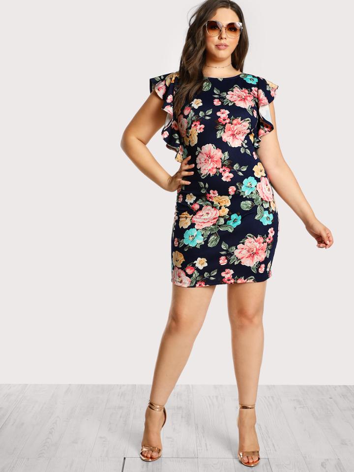 Romwe Flutter Sleeve Flower Print Pencil Dress
