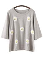Romwe Light Grey Half Sleeve Daisy Print Casual T-shirt