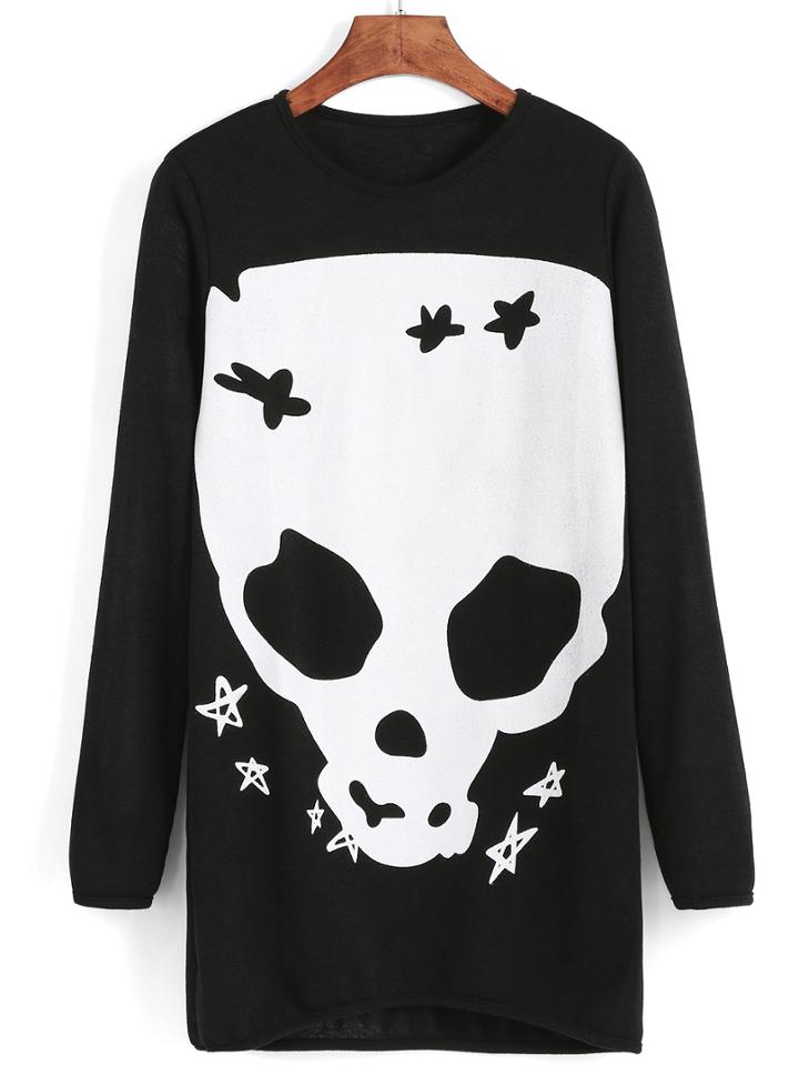Romwe Round Neck Skull Print Black Dress