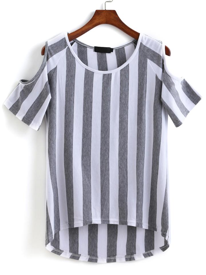 Romwe Off-shoulder Vertical Stripe Dip Hem T-shirt