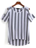 Romwe Off-shoulder Vertical Stripe Dip Hem T-shirt