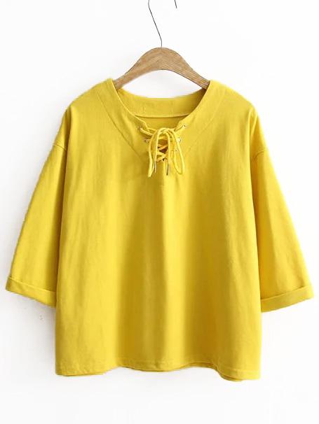 Romwe Yellow Eyelet Lace Up Rolled Cuff T-shirt