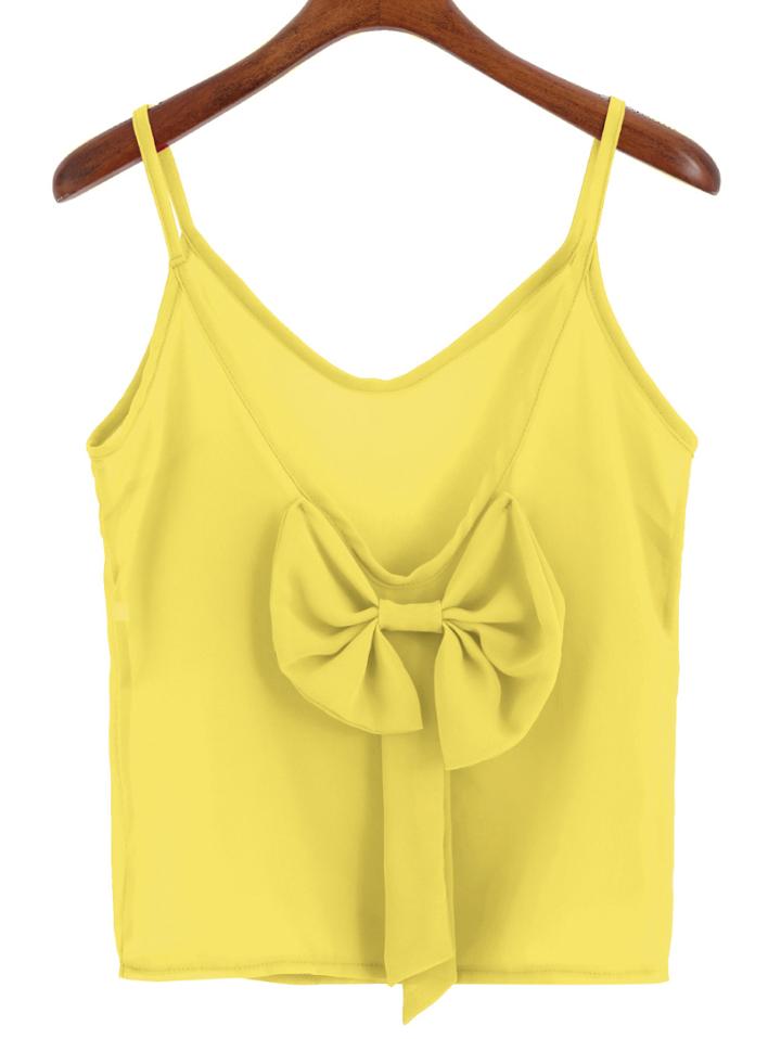 Romwe Spaghetti Strap Back Bow Chiffon Yellow Cami Top